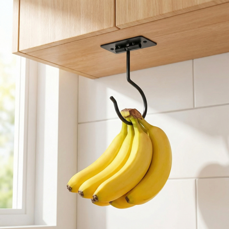 Food Storage In The Kitchen - Черный металлический самоклеящийся крючок-банан, складная полка